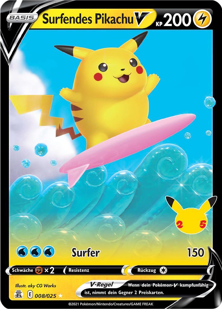 Surfendes Pikachu V 008/025 — Celebrations (German Pokémon TCG card)