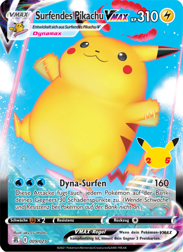 Surfendes Pikachu VMAX 9 — Celebrations (German Pokémon TCG card)