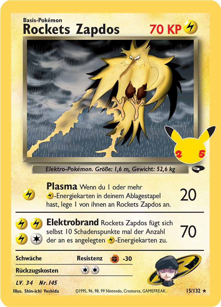 Rockets Zapdos 15/132 — Celebrations (German Pokémon TCG card)