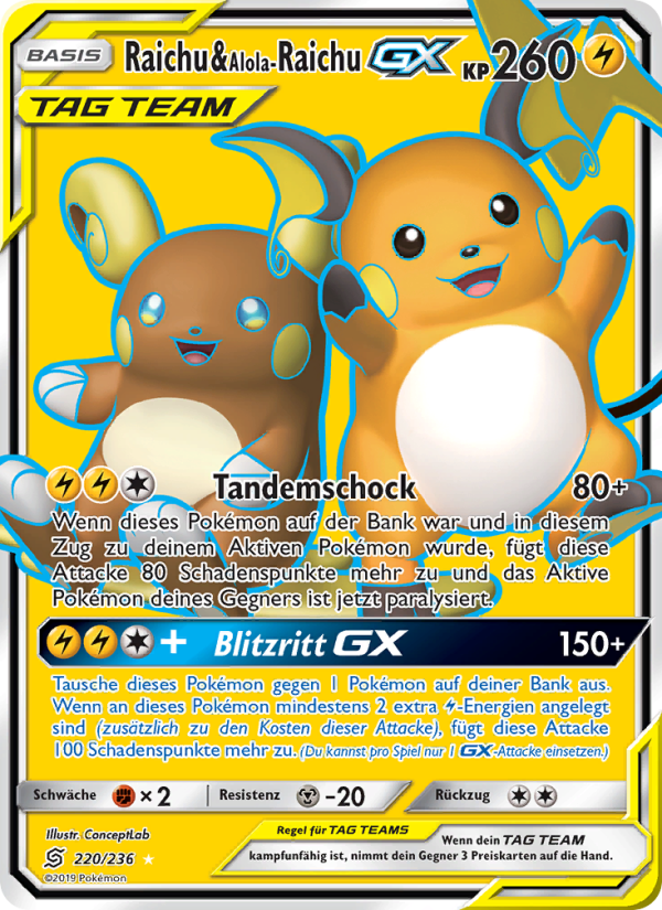Raichu & Alola-Raichu GX 220 — Bund der Gleichgesinnten (German Pokémon TCG card)