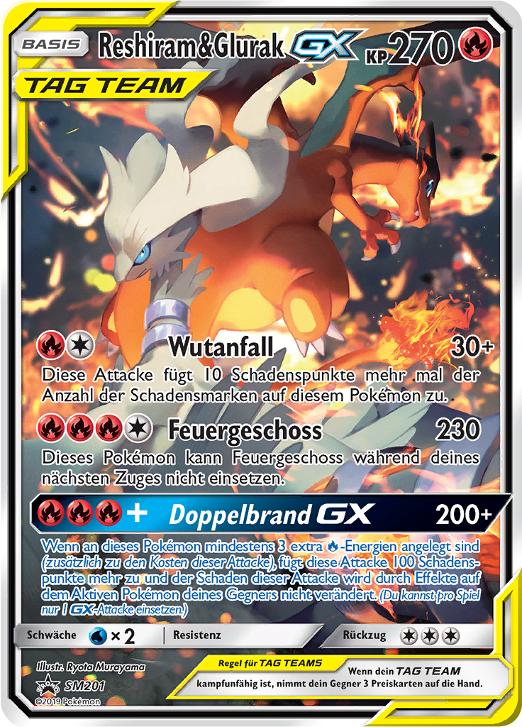 Reshiram & Glurak GX SM201 — SM Promokarten (German Pokémon TCG card)
