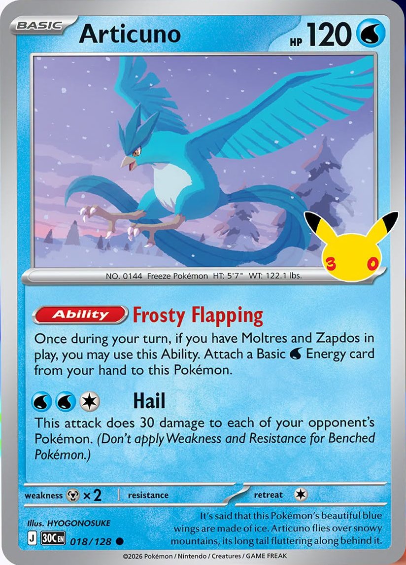 Articuno 018 — 30th Celebration (English Pokémon TCG card)