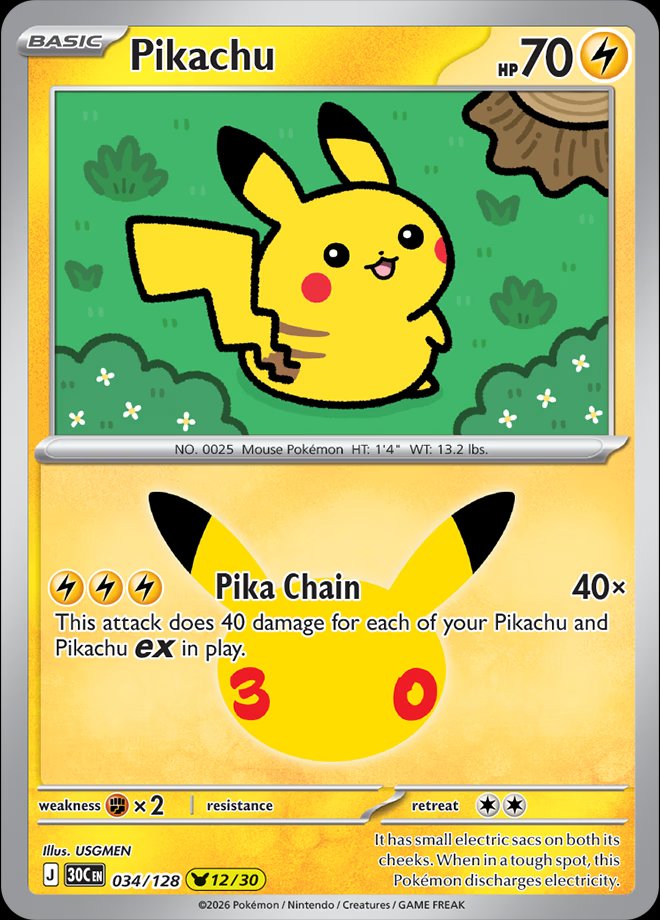 Pikachu 034 — 30th Celebration (English Pokémon TCG card)
