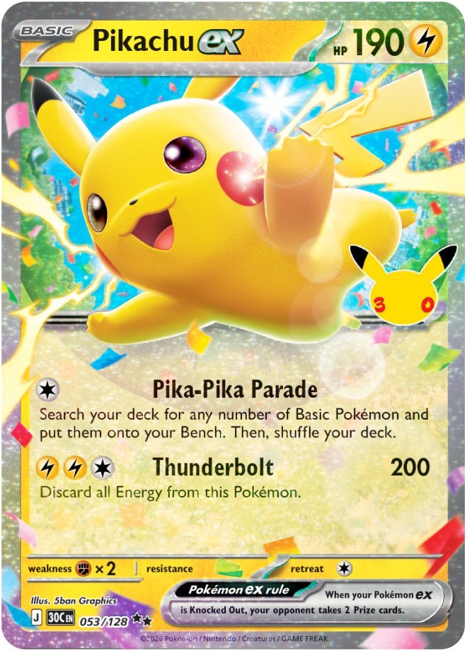 Pikachu ex 053 — 30th Celebration (English Pokémon TCG card)