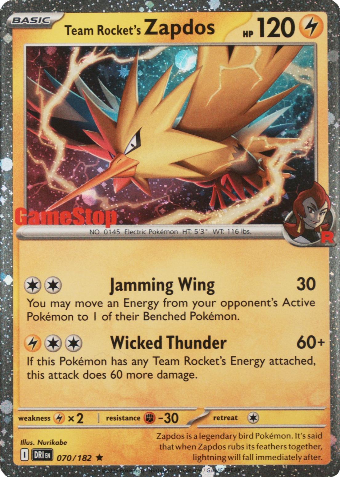 Team Rocket's Zapdos (Gamestop Exclusive) 070/182 — Miscellaneous Cards & Products (English Pokémon TCG card)