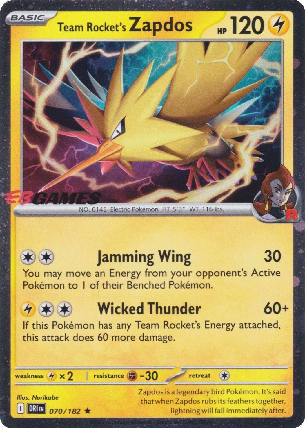 Team Rocket's Zapdos (EB Games Exclusive) 070/182 — Miscellaneous Cards & Products (English Pokémon TCG card)