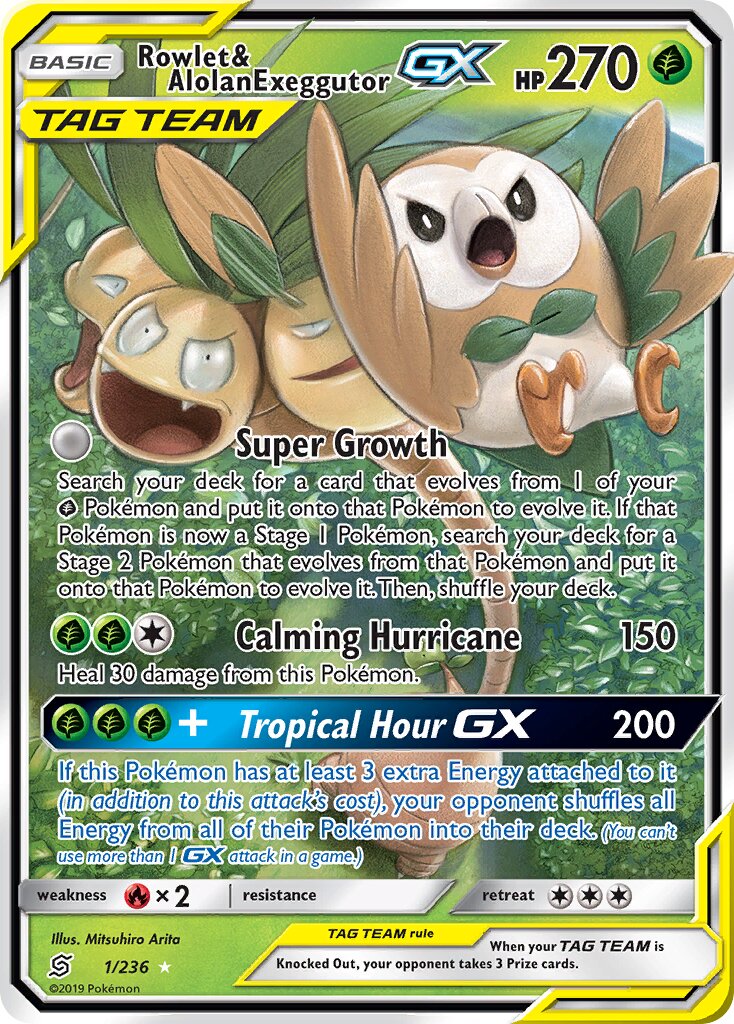 Rowlet & Alolan Exeggutor-GX 001/258 — Unified Minds (English Pokémon TCG card)