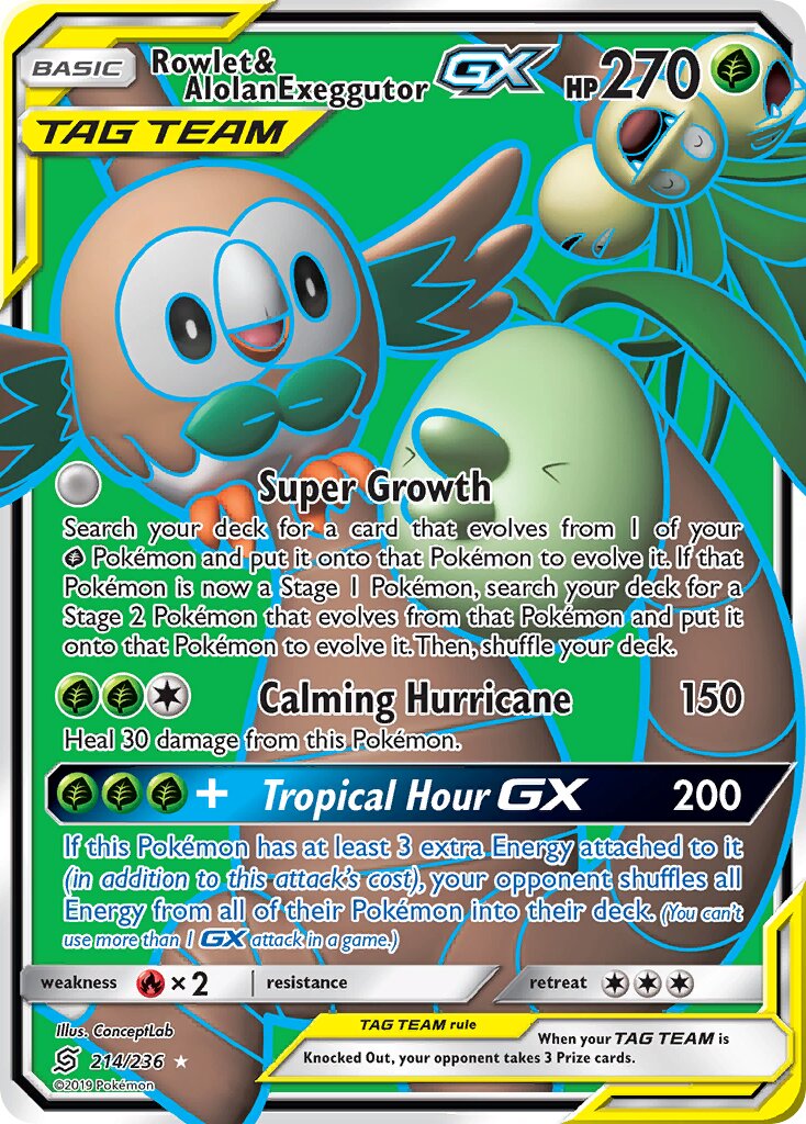 Rowlet & Alolan Exeggutor-GX 214/258 — Unified Minds (English Pokémon TCG card)