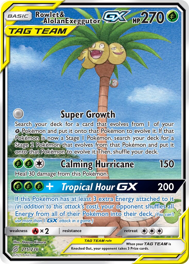 Rowlet & Alolan Exeggutor-GX 215/258 — Unified Minds (English Pokémon TCG card)