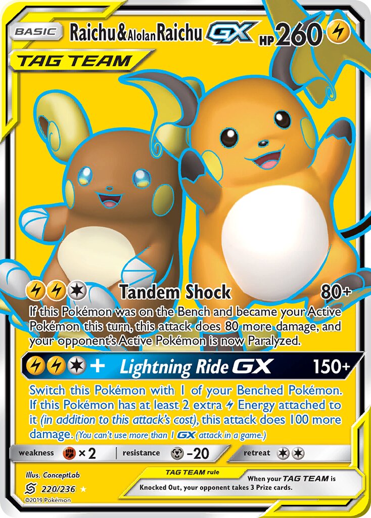 Raichu & Alolan Raichu-GX 220/258 — Unified Minds (English Pokémon TCG card)