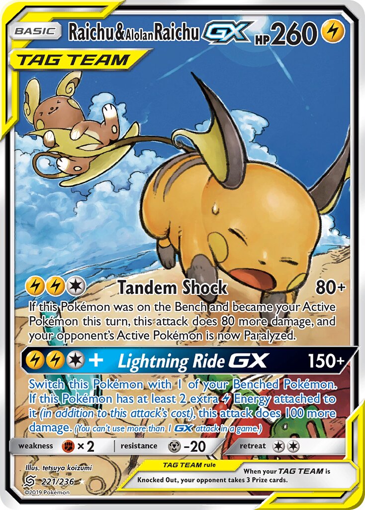 Raichu & Alolan Raichu-GX 221/258 — Unified Minds (English Pokémon TCG card)