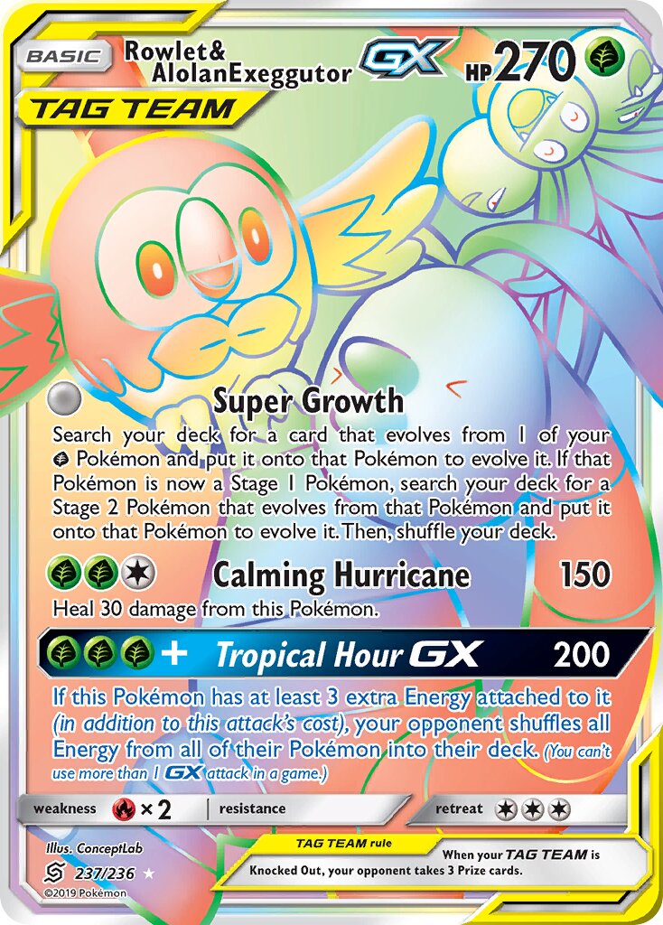 Rowlet & Alolan Exeggutor-GX 237/258 — Unified Minds (English Pokémon TCG card)