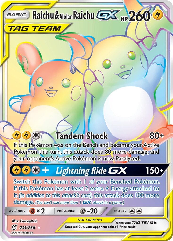 Raichu & Alolan Raichu-GX 241/258 — Unified Minds (English Pokémon TCG card)