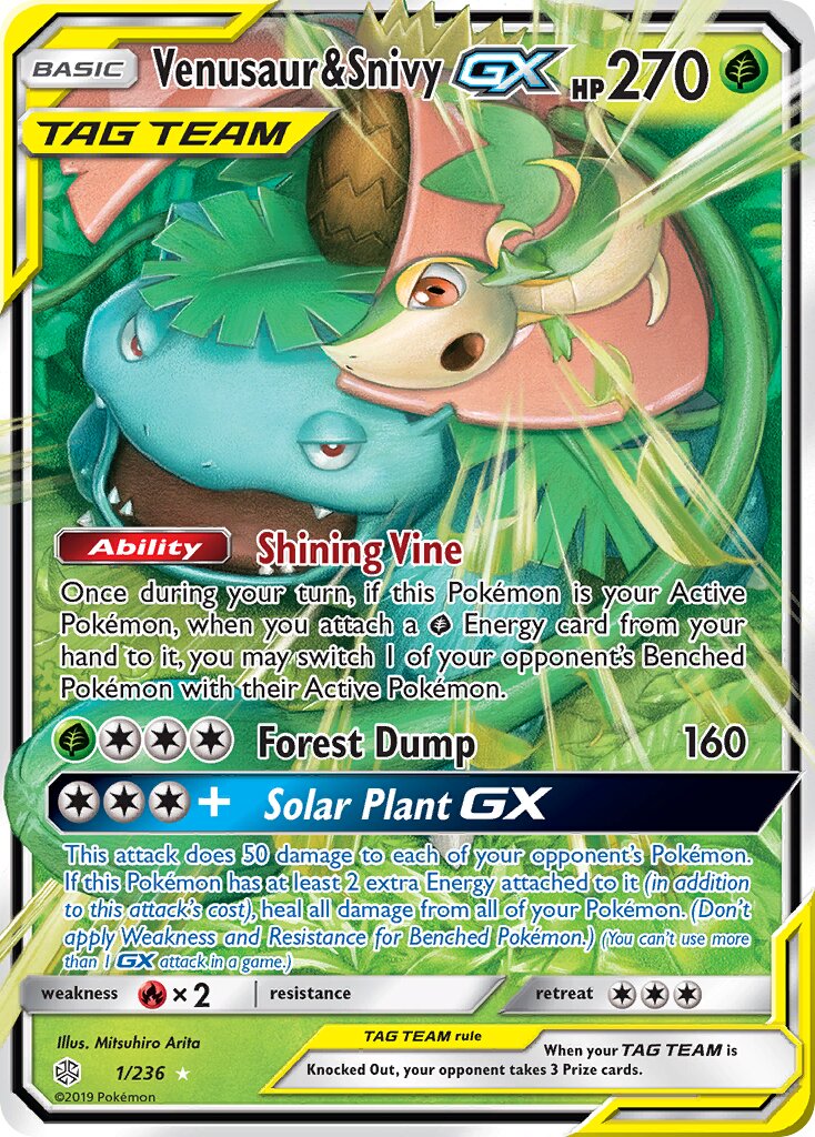Venusaur & Snivy-GX 001/271 — Cosmic Eclipse (English Pokémon TCG card)