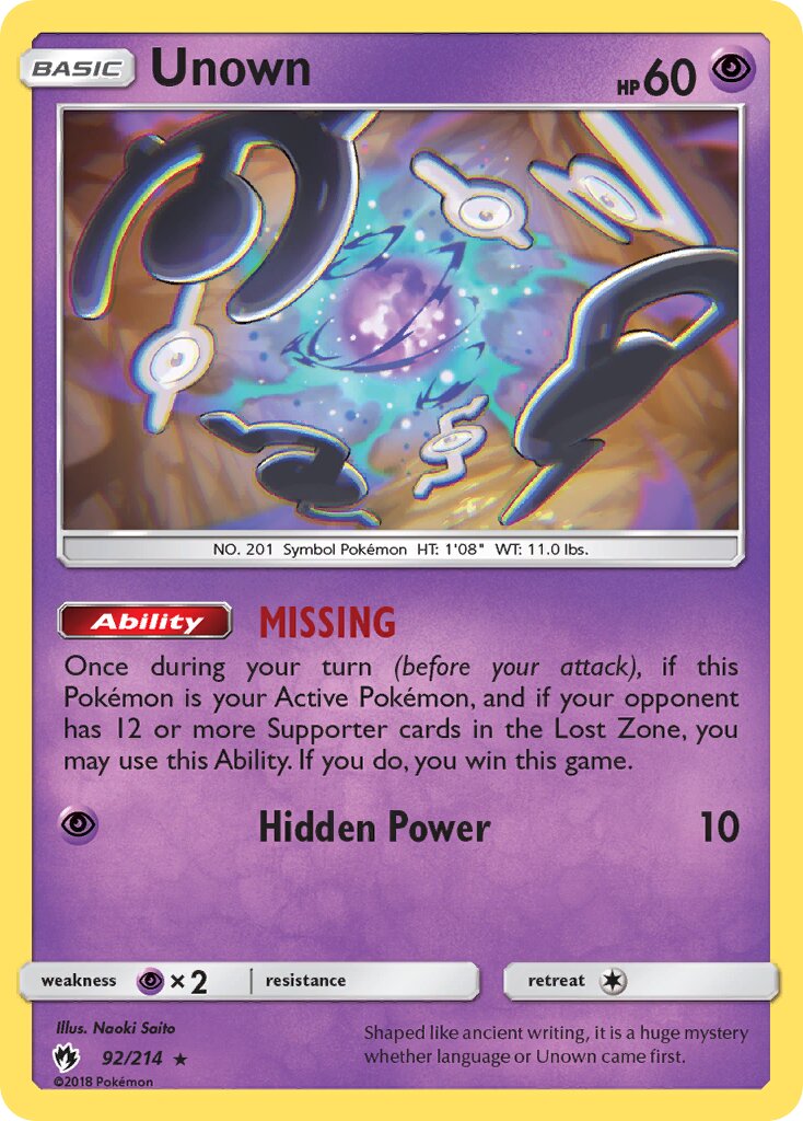 Unown 092/236 — Lost Thunder (English Pokémon TCG card)