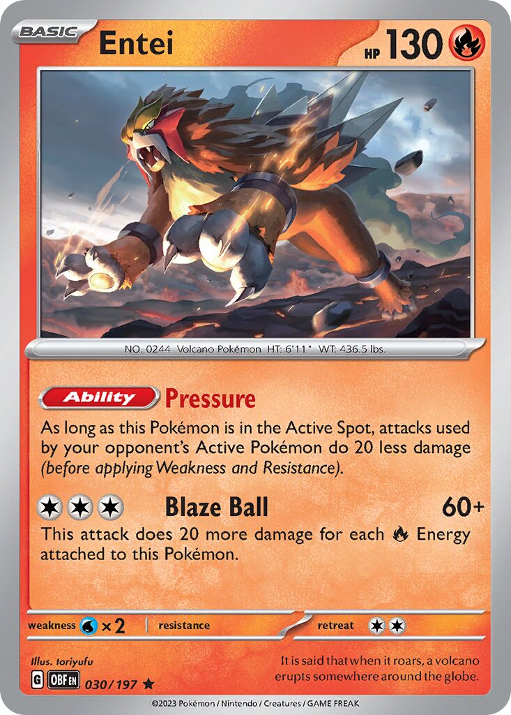 Entei 030/230 — Obsidian Flames (English Pokémon TCG card)