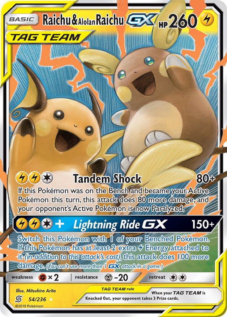 Raichu & Alolan Raichu-GX 054/26 — WC Deck 2019 (Pikarom Judge) (English Pokémon TCG card)