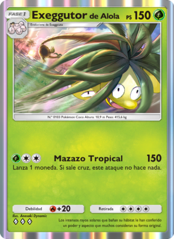 Exeggutorde Alola 002 — Guardianes Celestiales (Spanish Pokémon TCG card)