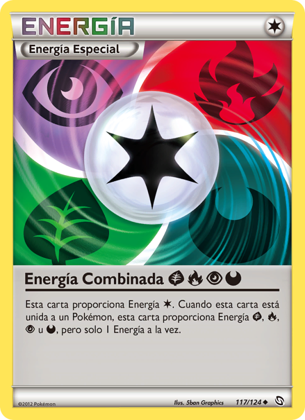 Energía Combinada GrassFirePsychicDarkness 117 — Dragones Majestuosos (Spanish Pokémon TCG card)