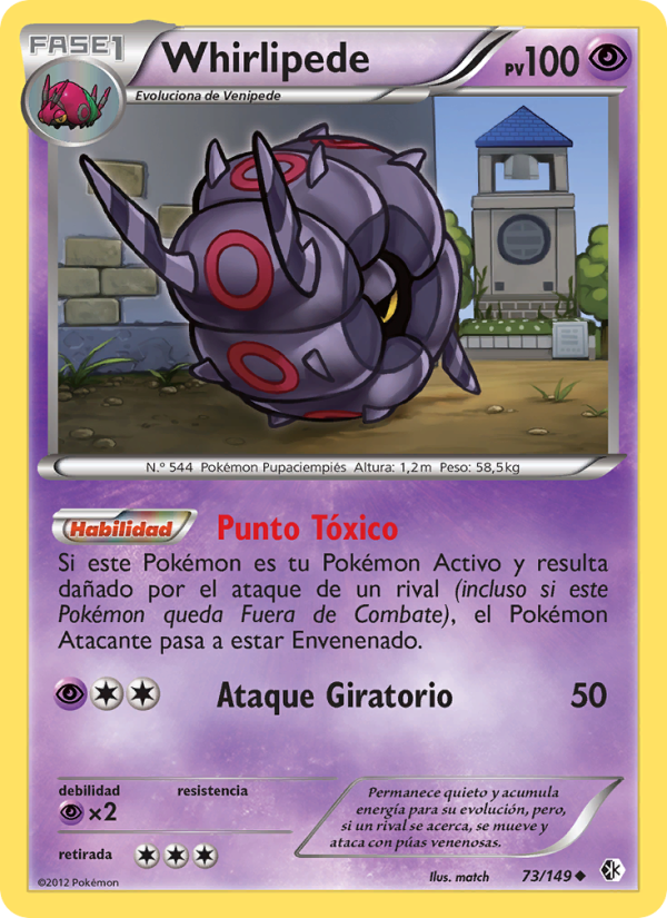 Whirlipede 73 — Fronteras Cruzadas (Spanish Pokémon TCG card)