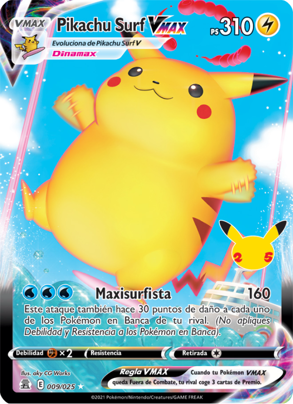 Pikachu Surf VMAX 9 — Celebraciones (Spanish Pokémon TCG card)