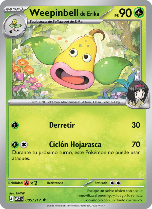 Weepinbell de Erika 005 — Héroes Ascendentes (Spanish Pokémon TCG card)
