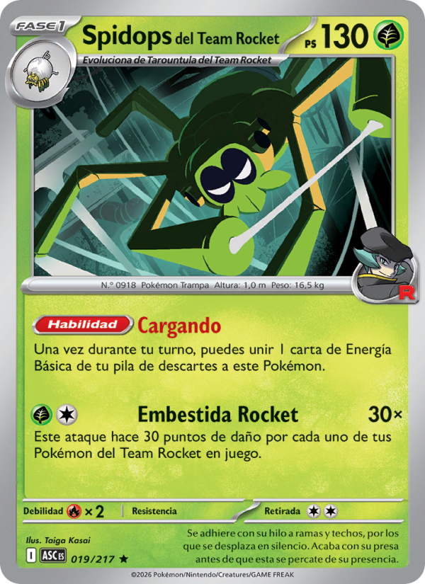 Spidops del Team Rocket 019 — Héroes Ascendentes (Spanish Pokémon TCG card)