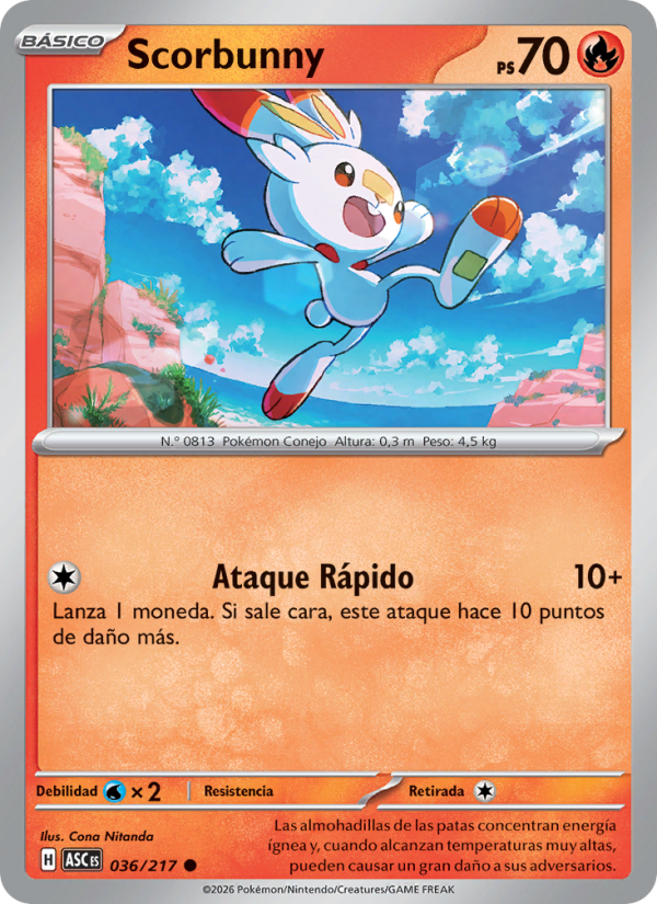 Scorbunny 036 — Héroes Ascendentes (Spanish Pokémon TCG card)