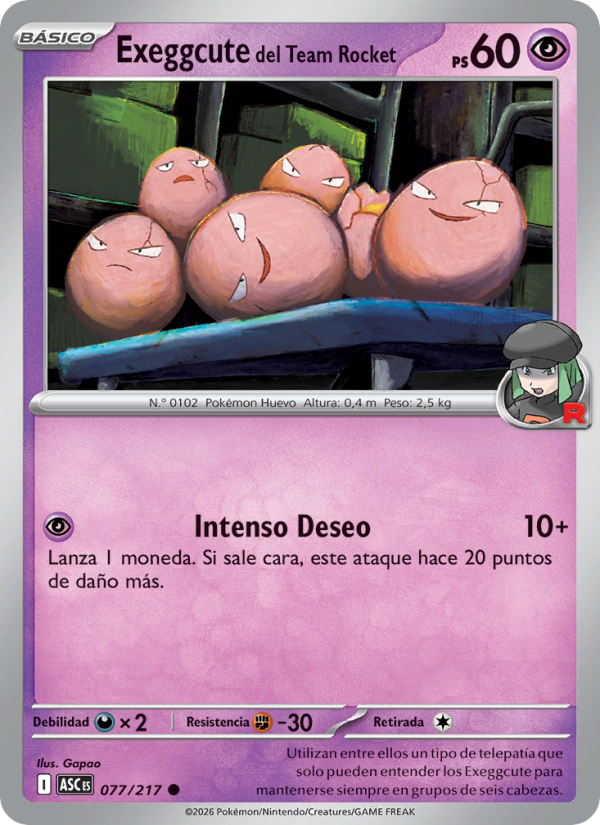 Exeggcute del Team Rocket 077 — Héroes Ascendentes (Spanish Pokémon TCG card)