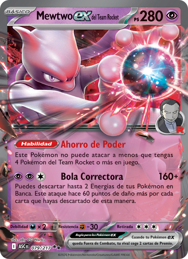 Mewtwo ex del Team Rocket 079 — Héroes Ascendentes (Spanish Pokémon TCG card)