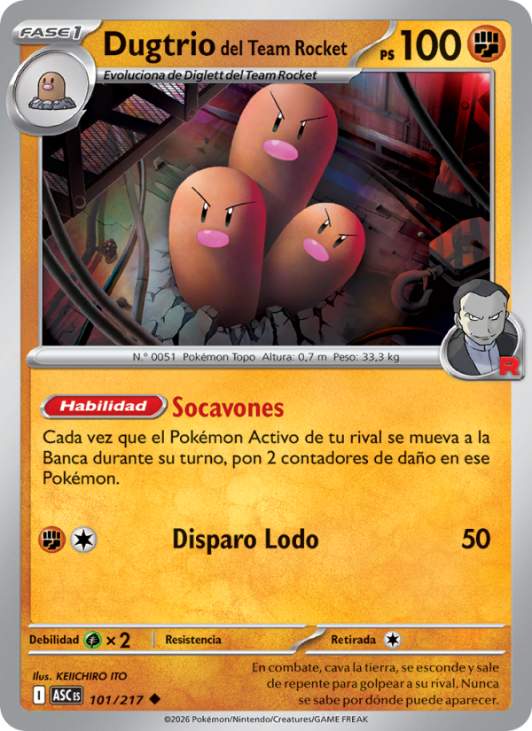 Dugtrio del Team Rocket 101 — Héroes Ascendentes (Spanish Pokémon TCG card)
