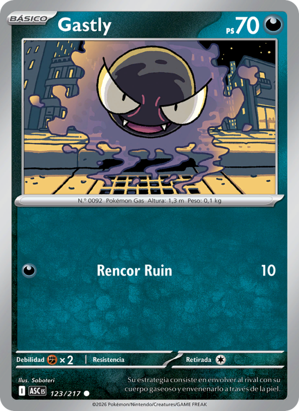 Gastly 123 — Héroes Ascendentes (Spanish Pokémon TCG card)