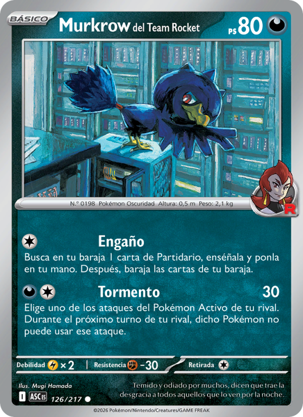 Murkrow del Team Rocket 126 — Héroes Ascendentes (Spanish Pokémon TCG card)