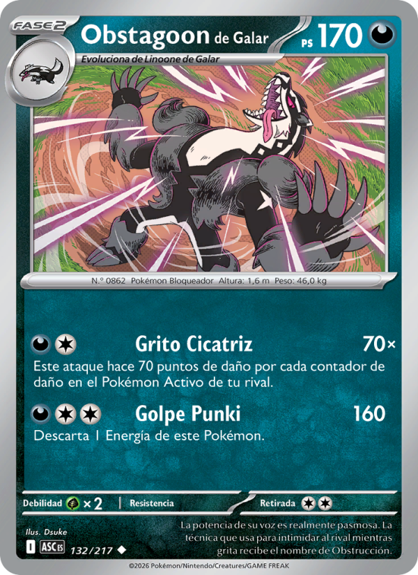 Obstagoon de Galar 132 — Héroes Ascendentes (Spanish Pokémon TCG card)