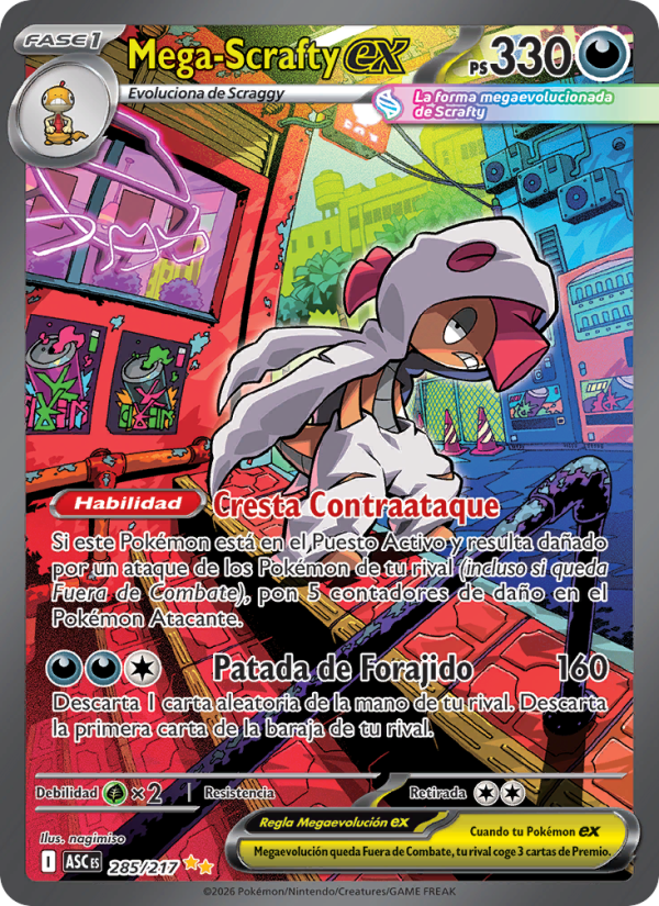 Mega-Scrafty ex 285 — Héroes Ascendentes (Spanish Pokémon TCG card)