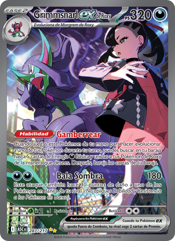 Grimmsnarl ex de Roxy 287 — Héroes Ascendentes (Spanish Pokémon TCG card)