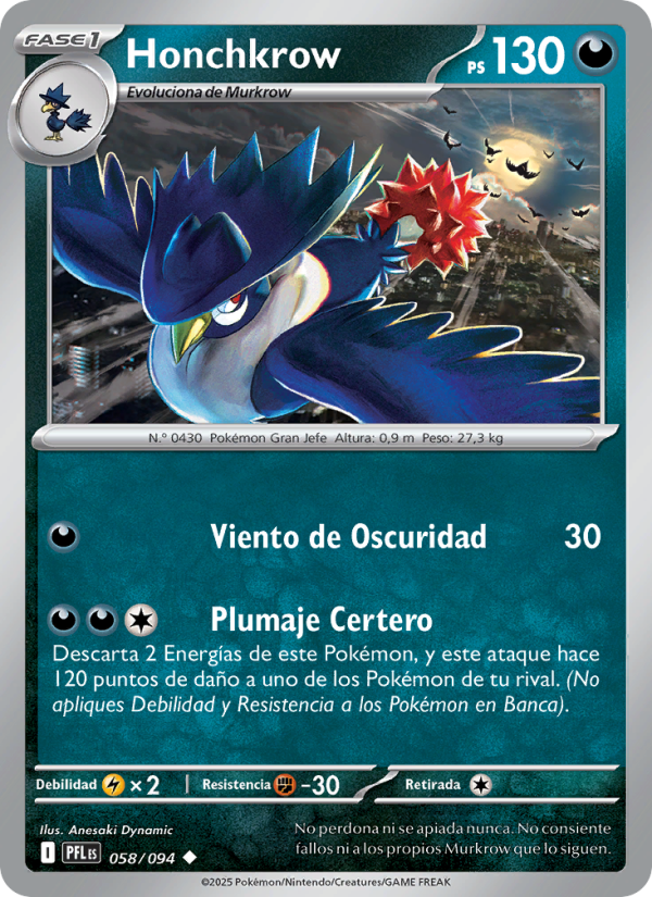 Honchkrow 058 — Fuegos Fantasmales (Spanish Pokémon TCG card)