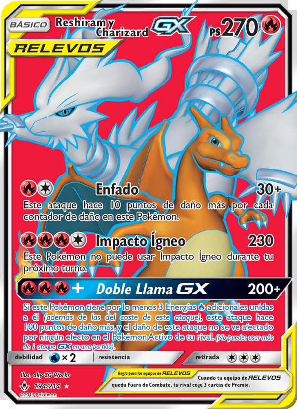 Reshiram y Charizard GX 194 — Vínculos Indestructibles (Spanish Pokémon TCG card)