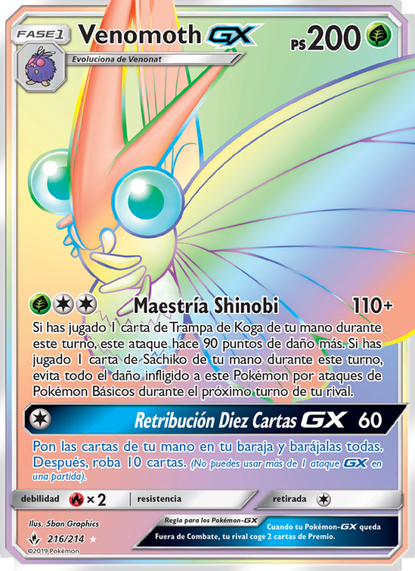 Venomoth GX 216 — Vínculos Indestructibles (Spanish Pokémon TCG card)