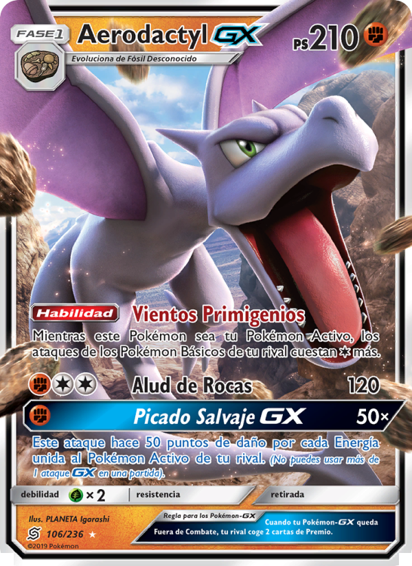 Aerodactyl GX 106 — Mentes Unidas (Spanish Pokémon TCG card)