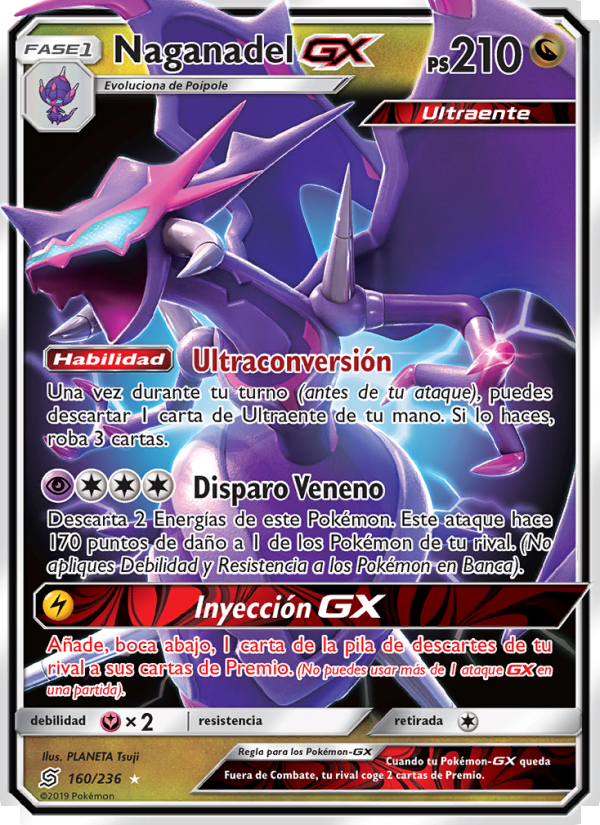Naganadel GX 160 — Mentes Unidas (Spanish Pokémon TCG card)