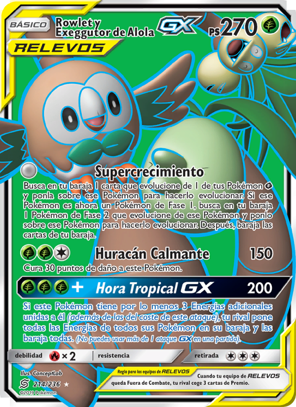 Rowlet y Exeggutor de Alola GX 214 — Mentes Unidas (Spanish Pokémon TCG card)