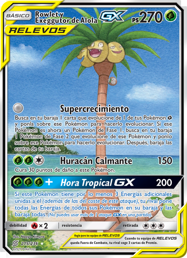 Rowlet y Exeggutor de Alola GX 215 — Mentes Unidas (Spanish Pokémon TCG card)