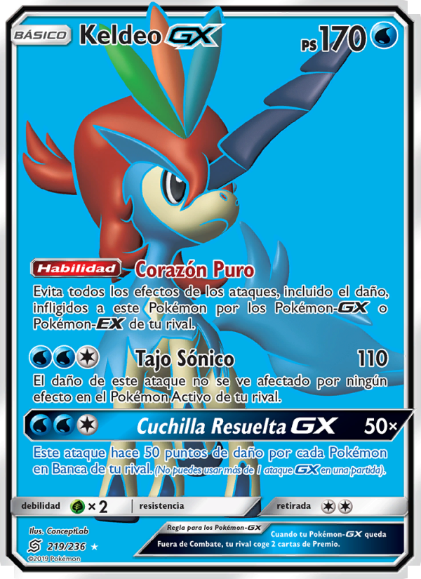 Keldeo GX 219 — Mentes Unidas (Spanish Pokémon TCG card)