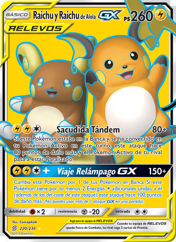 Raichu y Raichu de Alola GX 220 — Mentes Unidas (Spanish Pokémon TCG card)