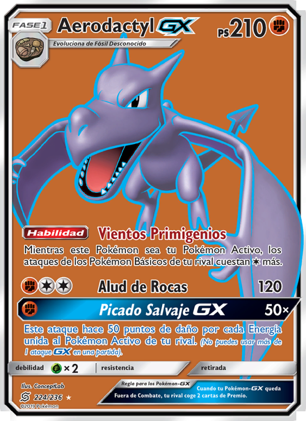 Aerodactyl GX 224 — Mentes Unidas (Spanish Pokémon TCG card)