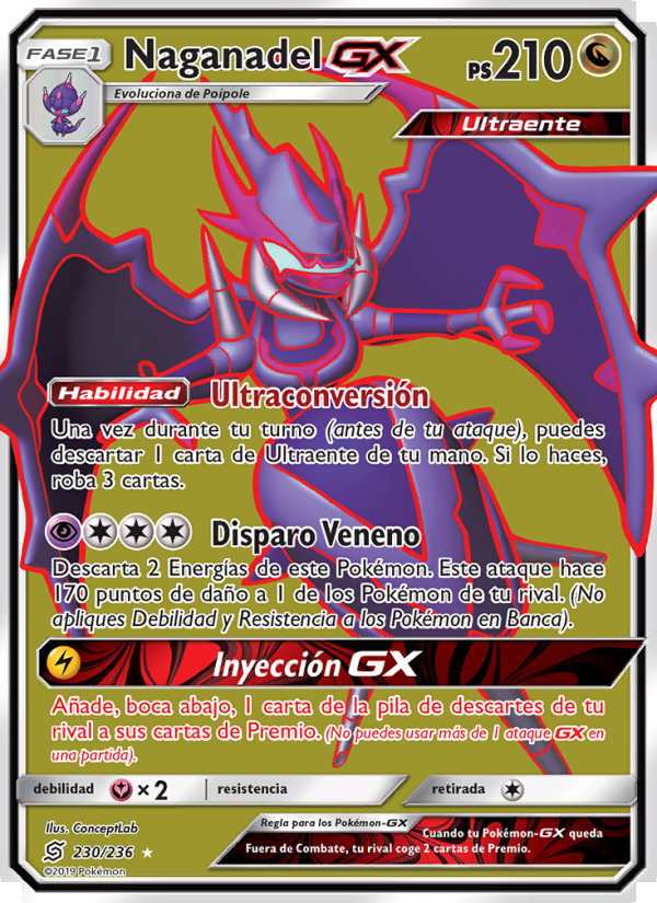 Naganadel GX 230 — Mentes Unidas (Spanish Pokémon TCG card)