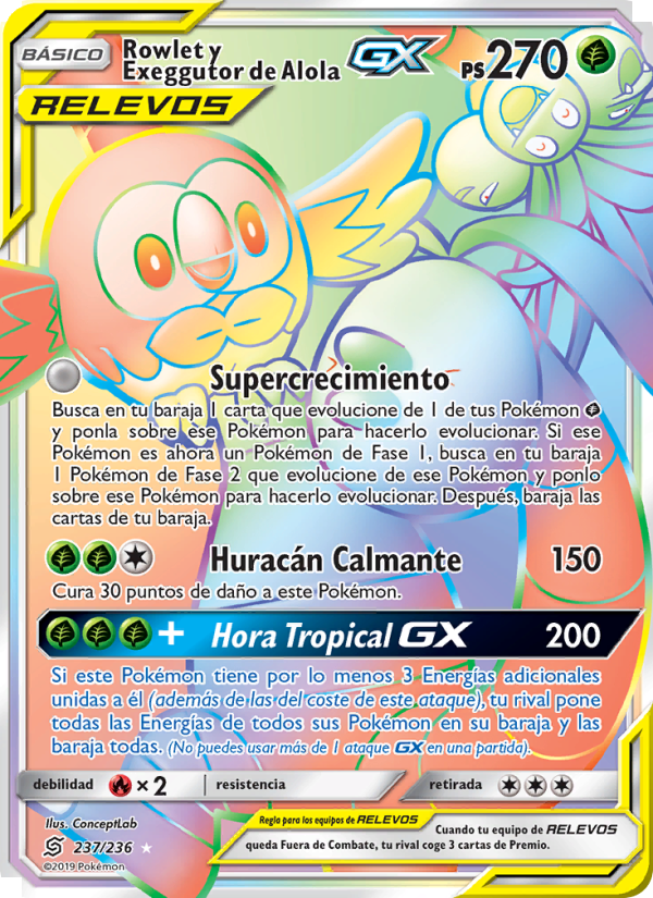 Rowlet y Exeggutor de Alola GX 237 — Mentes Unidas (Spanish Pokémon TCG card)