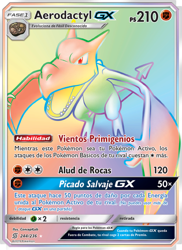 Aerodactyl GX 244 — Mentes Unidas (Spanish Pokémon TCG card)