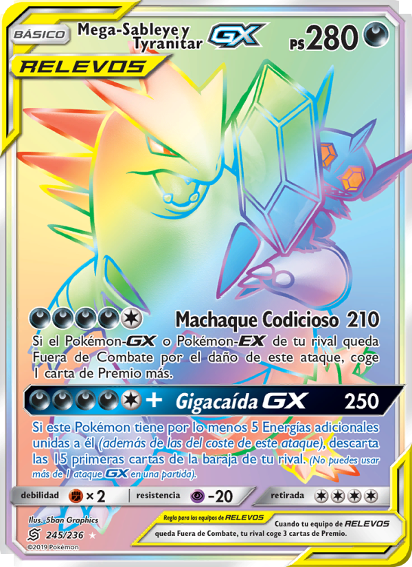 Mega-Sableye y Tyranitar GX 245 — Mentes Unidas (Spanish Pokémon TCG card)